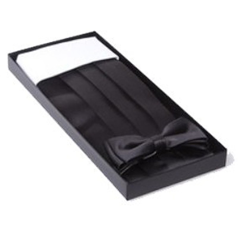 Čierny smokingový pás s motýlikom a vreckovkou