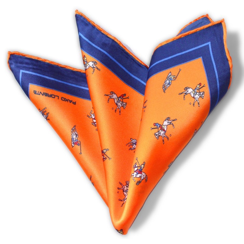 Hodvábna vreckovka Pako Lorente oranžová s granátovým lemom vzor pólo
