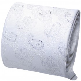 Biela svadobná kravata s vreckovkou so strieborným vzorom paisley