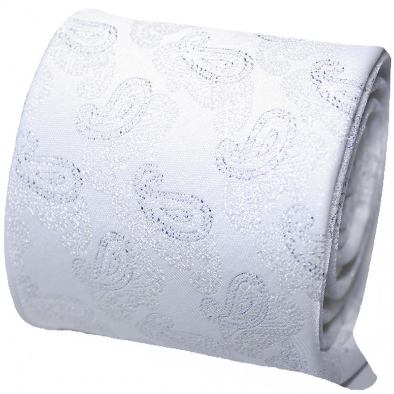 Biela svadobná kravata s vreckovkou so strieborným vzorom paisley