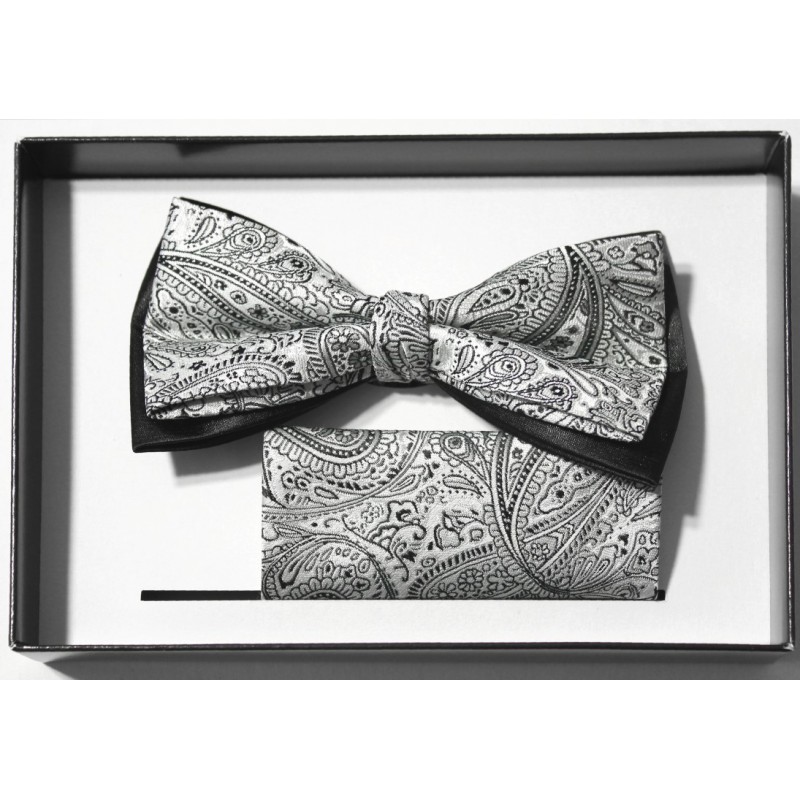 Sivý motýlik paisley na čiernom podklade s vreckovkou