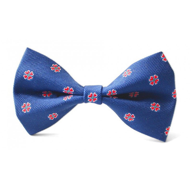 Detský motýlik modrý s červeným vzorom drobné kvietky BWT