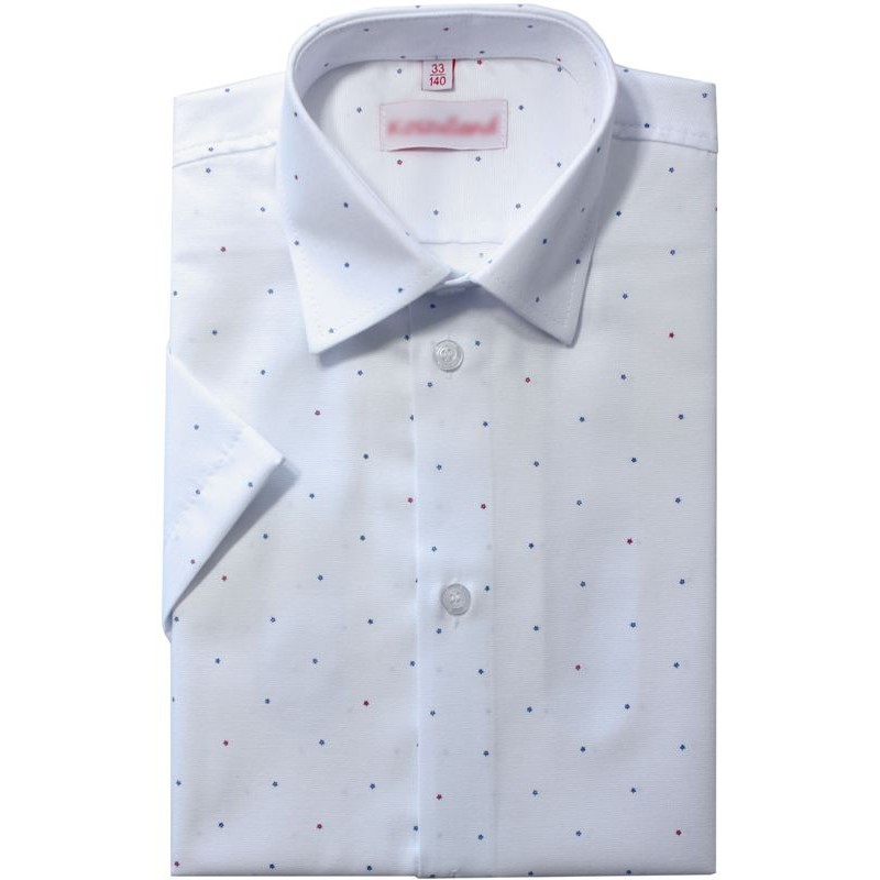 Detská košeľa s krátkym rukávom s drobným červeným a modrým vzorom slim fit