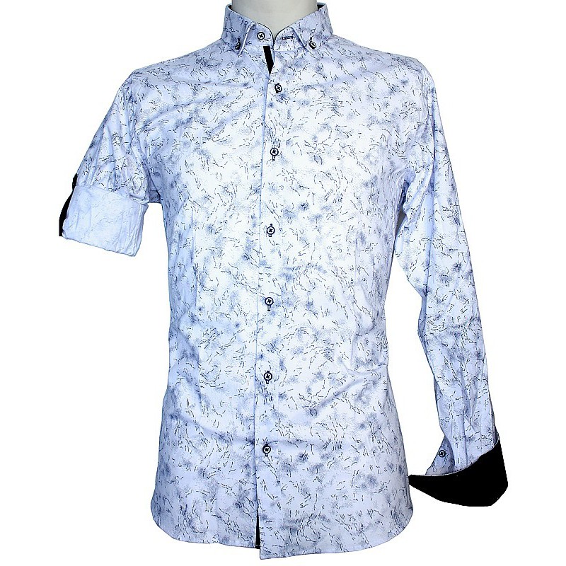 Vzorovaná košeľa roll up rukáv biela s extravagantným modrým vzorom EgoMan