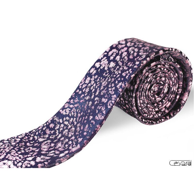 Ružová kravata vzorovaná na tmavomodrom podklade slim Vincitore