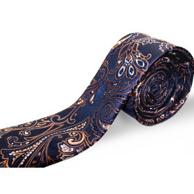 Kravata tmavohnedá paisley na tmavomodrom podklade slim