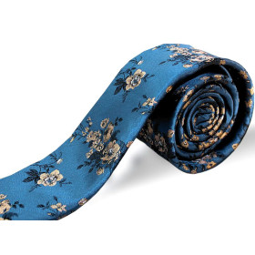 Modrá kravata so zlatobéžovým kvetovým vzorom slim