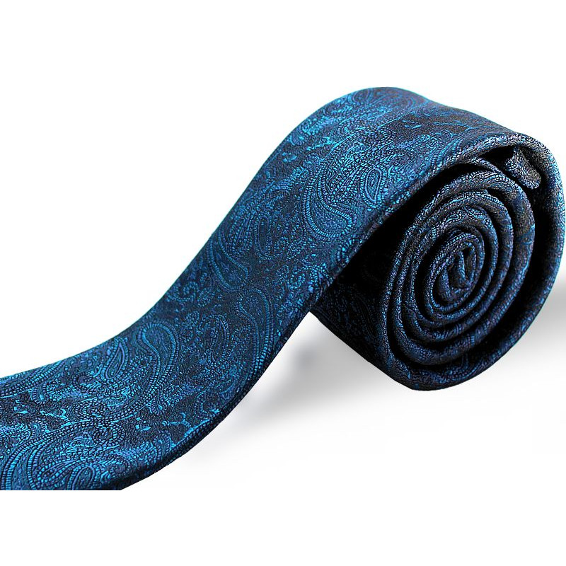 Petrolejová kravata paisley slim na tmavomodrom podklade