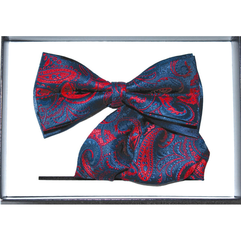 Červený motýlik paisley na modrom podklade dvojitý s vreckovkou