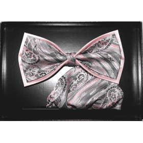 Svetloružový motýlik paisley na grafitovom podklade dvojitý s vreckovkou