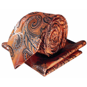 Oranžová kravata s vreckovkou s čierno-strieborným vzorom paisley