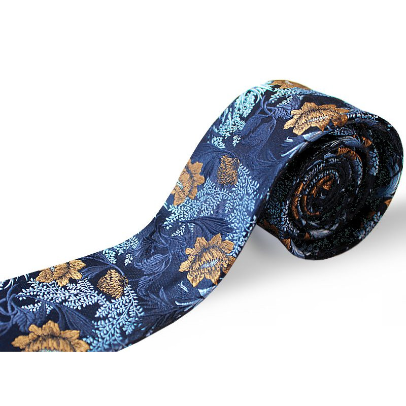 Tmavomodrá kravata s kvetovým vzorom mustard