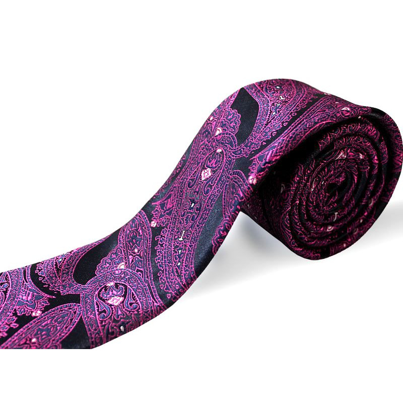 Cyklámenová kravata vzor paisley na tmavomodrom podklade slim