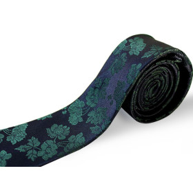 Tmavomodrá kravata s tmavozeleným kvetovým vzorom slim