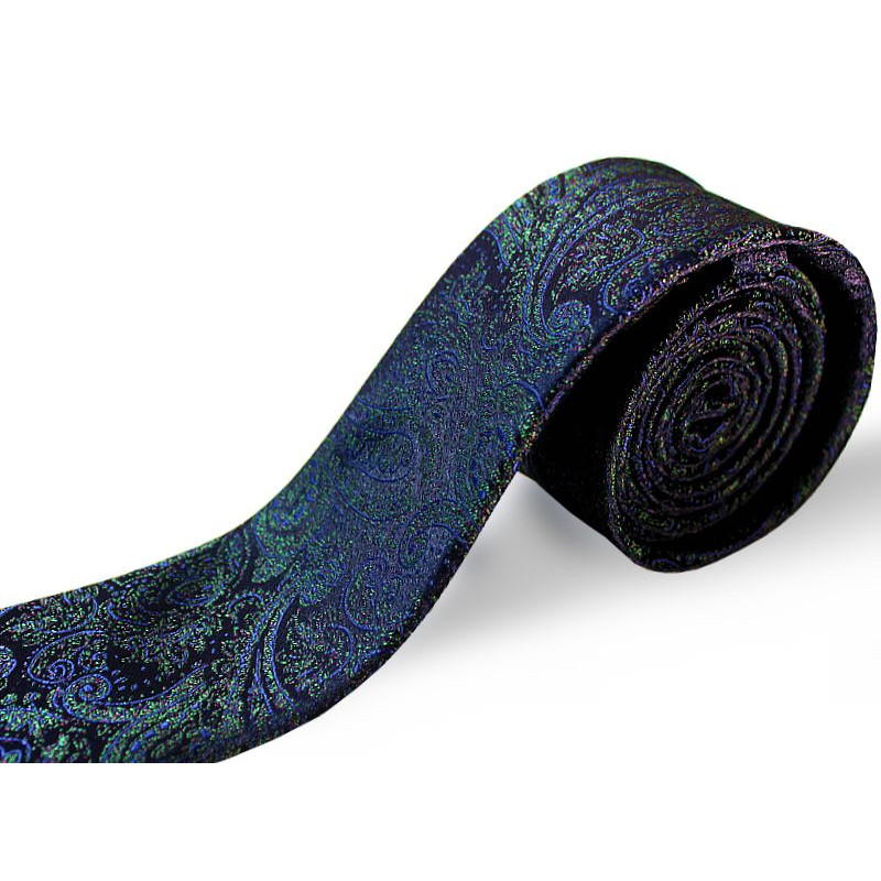 Tmavomodrá kravata so zeleným vzorom paisley