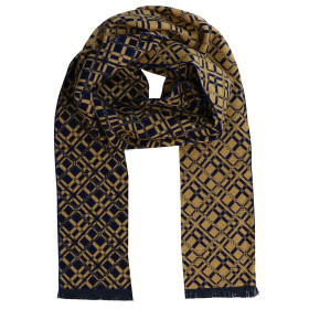 Pánsky šál vzorovaný modrá-mustard s čiernymi strapcami
