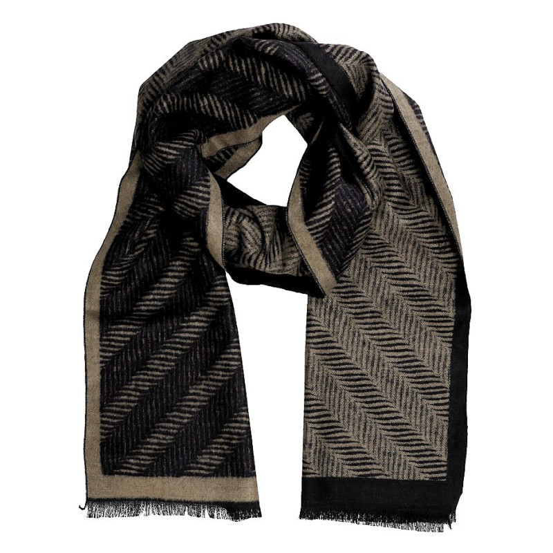 Pánsky šál vzorovaný béžovo-grafitový s čiernymi strapcami