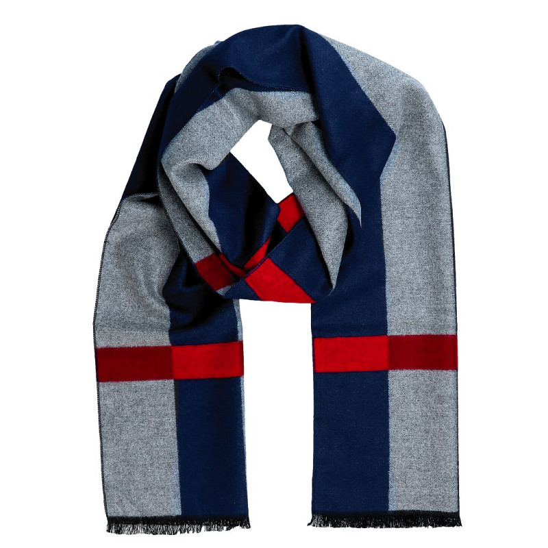 Pánsky šál pruhovaný modro-sivý s červeným pruhom a čiernymi strapcami