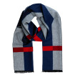 Pánsky šál pruhovaný modro-sivý s červeným pruhom a čiernymi strapcami