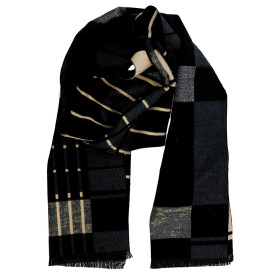 Pánsky šál grafit-béžová vzor s čiernymi strapcami