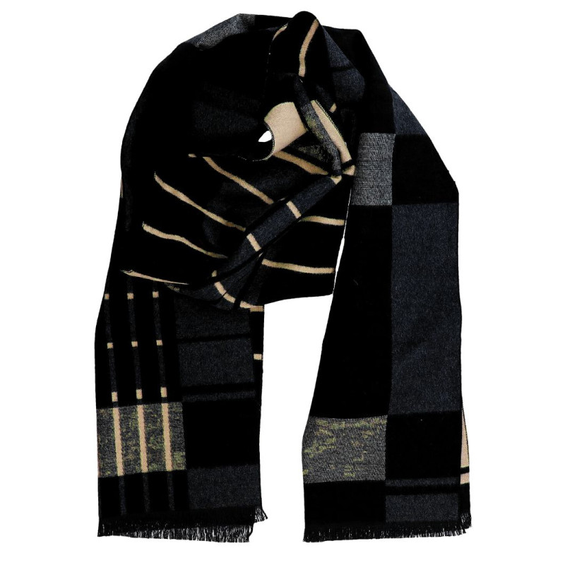 Pánsky šál grafit-béžová vzor s čiernymi strapcami