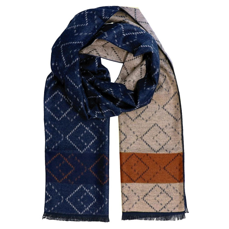 Pánsky šál tmavomodrá-béžová vzor s čiernymi strapcami