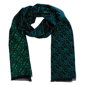 Pánsky šál zeleno-modrý vzor s čiernymi strapcami