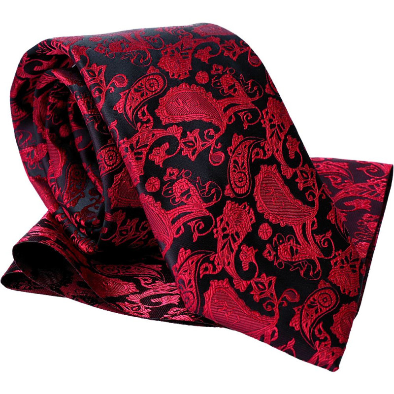 Kravata s vreckovkou červená paisley na čiernom podklade