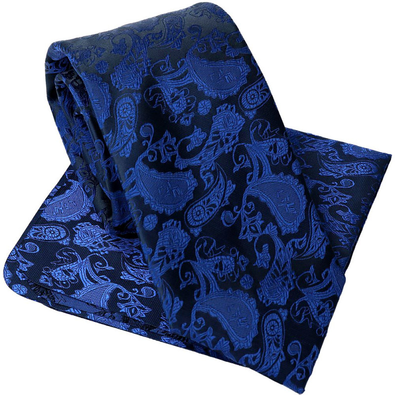 Kravata s vreckovkou kráľovská modrá paisley na čiernom podklade