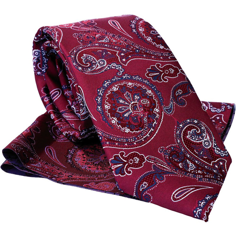 Kravata s vreckovkou bordová s modro-bielym vzorom paisley