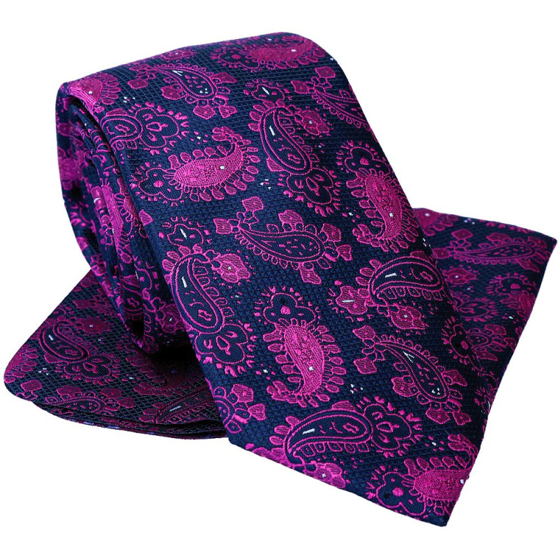 Kravata s vreckovkou cyklámenová paisley na tmavomodrom podklade