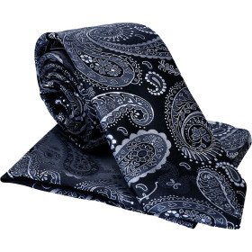 Kravata s vreckovkou čierna s grafitovo-bielym vzorom paisley