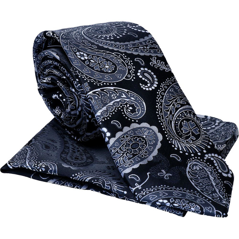 Kravata s vreckovkou čierna s grafitovo-bielym vzorom paisley