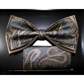 Grafitový motýlik so zlatobéžovým vzorom paisley s vreckovkou