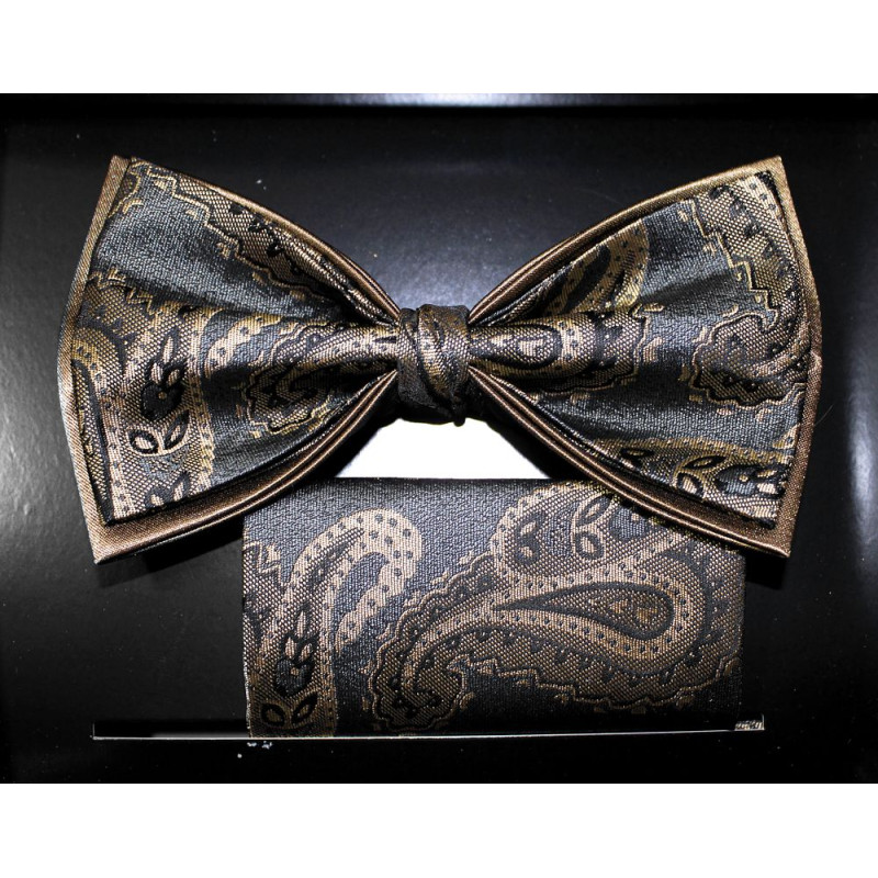 Grafitový motýlik so zlatobéžovým vzorom paisley s vreckovkou