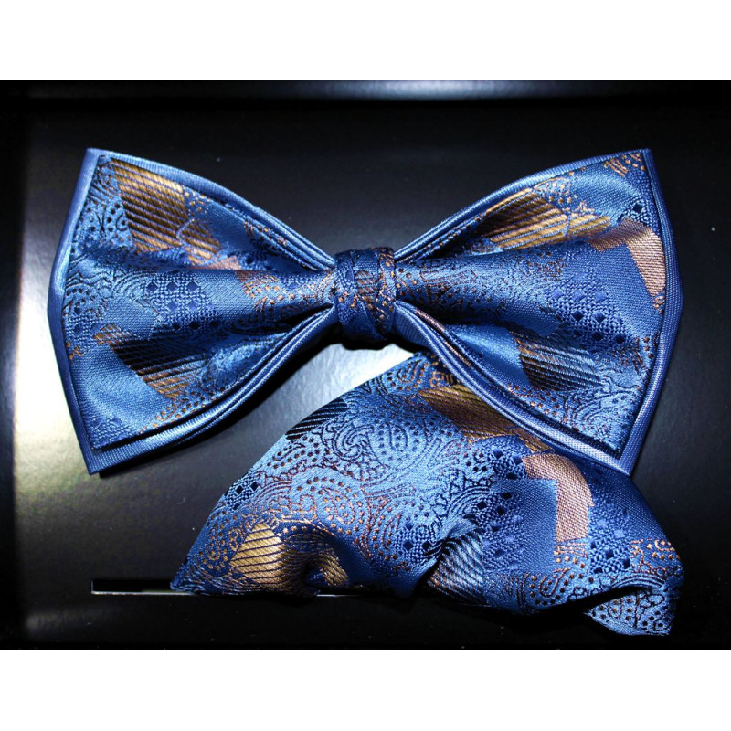 Modro-béžový motýlik vzor s vreckovkou