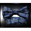 Tmavomodrý motýlik so strieborným a grafitovým vzorom paisley s vreckovkou