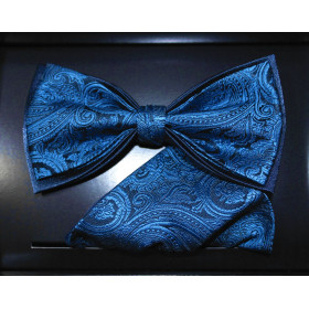 Motýlik paisley parížska modrá na tmavomodrom podklade s vreckovkou