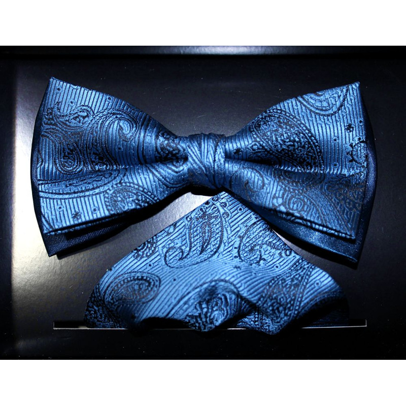 Motýlik jeansovo modrý paisley s vreckovkou