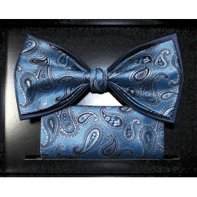 Motýlik modrý jeans s grafitovým vzorom paisley s vreckovkou