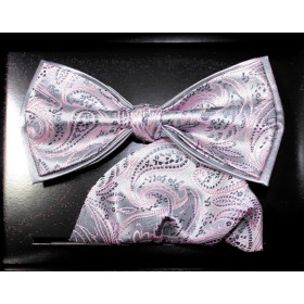 Ružový motýlik paisley na striebornosivom podklade s vreckovkou