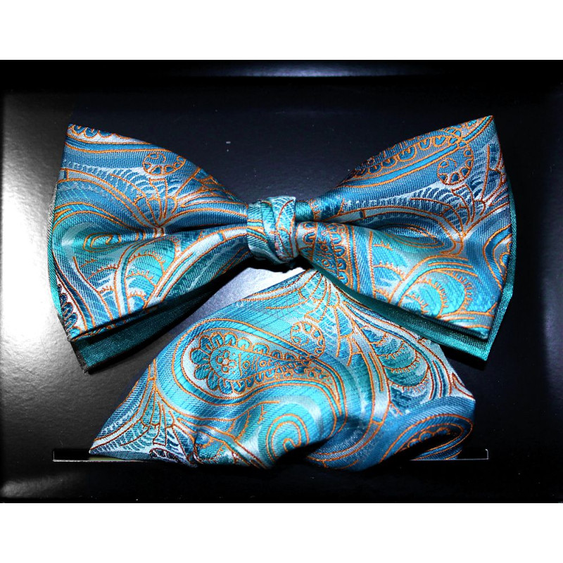 Tyrkysovo-petrolejový motýlik paisley s vreckovkou