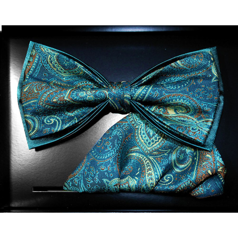 Smaragdovo-petrolejový motýlik paisley s vreckovkou