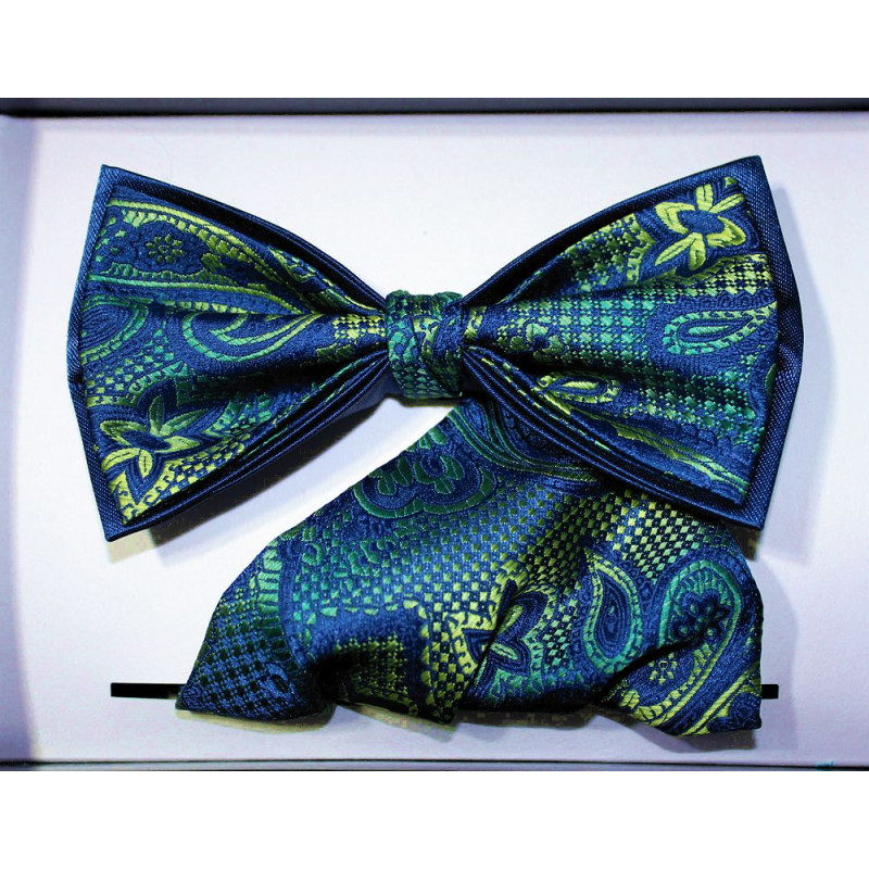 Motýlik žlto-zelený paisley na modrom podklade s vreckovkou