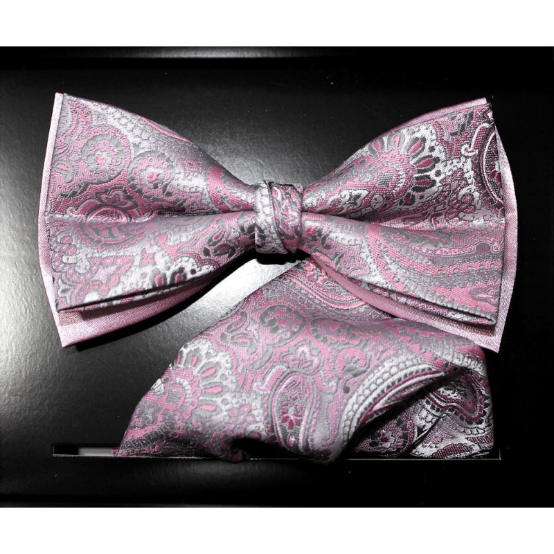 Staroružový motýlik paisley na sivom podklade s vreckovkou