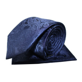 Tmavomodrá kravata s vreckovkou ornament