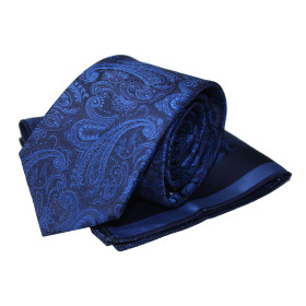 Kravata s vreckovkou parížska modrá na tmavomodrom podklade