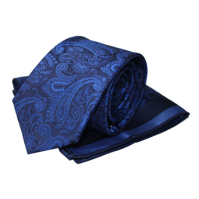 Kravata s vreckovkou parížska modrá na tmavomodrom podklade