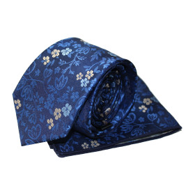 Kravata s vreckovkou kvetovaná parížska modrá - béžová