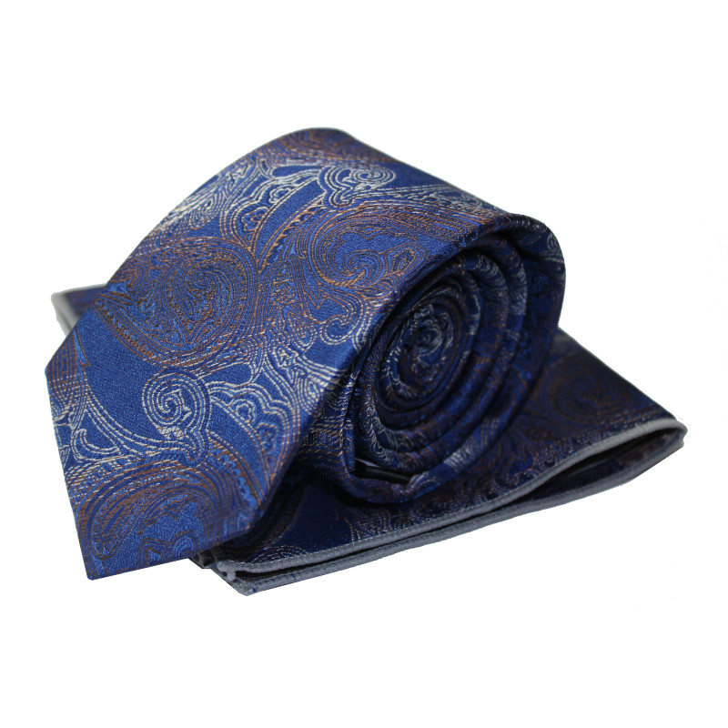 Kravata s vreckovkou paisley parížska modrá - zlatohnedá